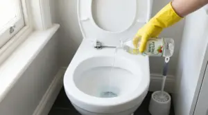 Mano con guanto giallo versa aceto bianco nel water aperto per pulizia rapida del WC