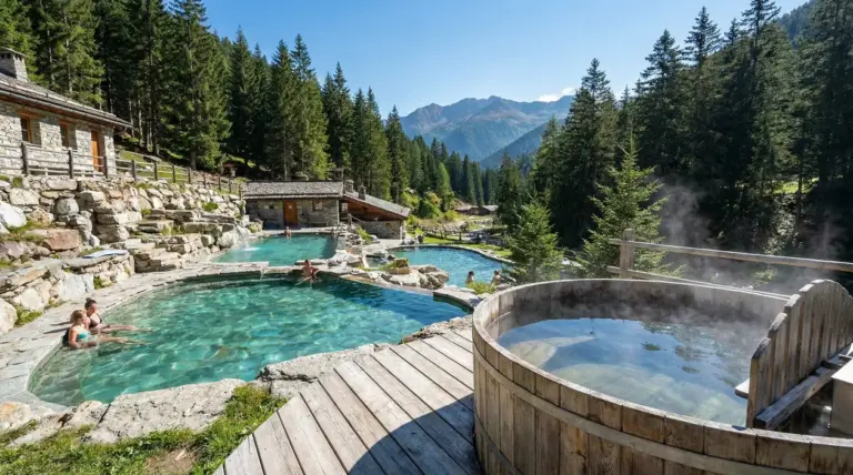 Piscine termali all’aperto in montagna, tra chalet in pietra, boschi di conifere e cime alpine