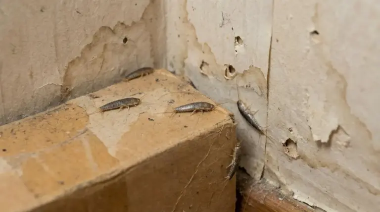 Pesciolini d'argento su uno scatolone in un angolo di casa con parete scrostata e segni di umidità