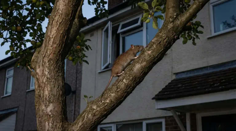 Topo che si arrampica sul tronco di un albero vicino a una finestra aperta di una casa