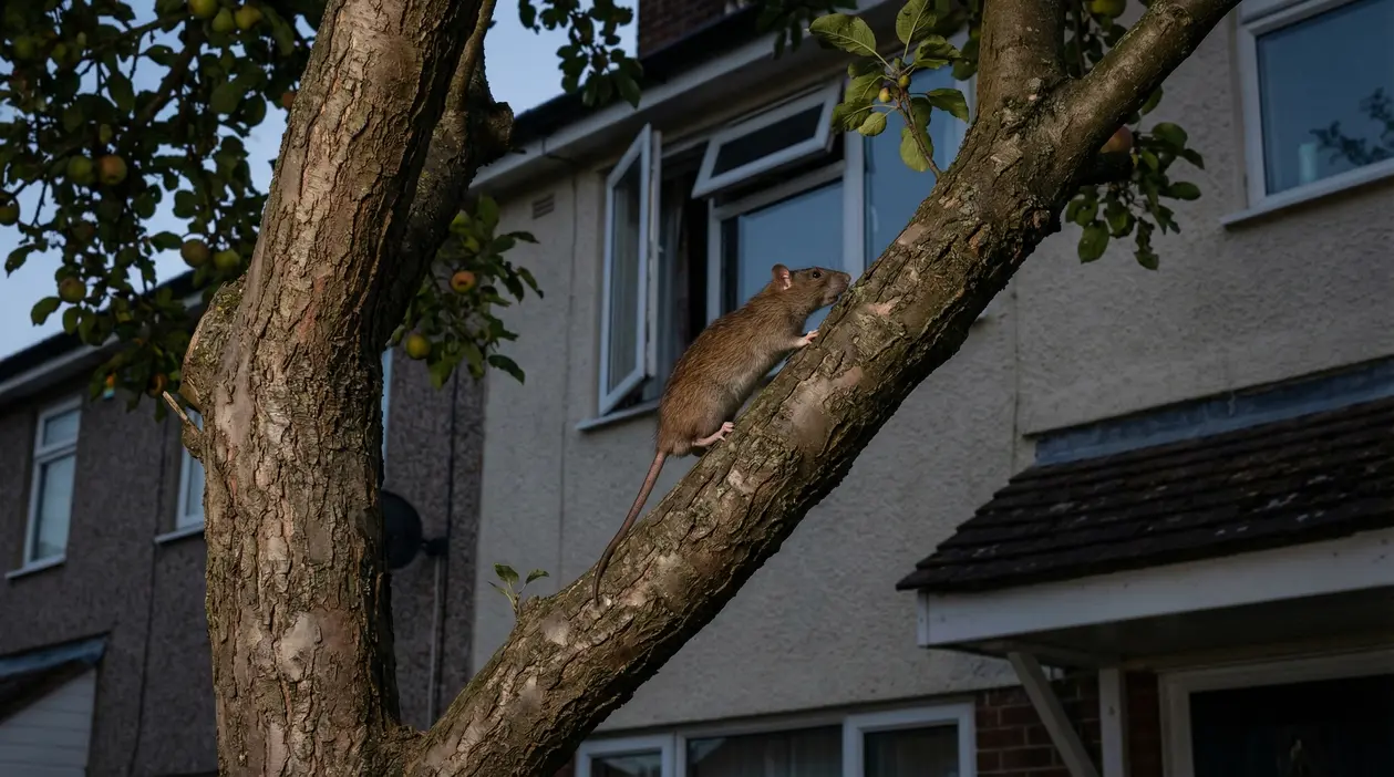 Topo che si arrampica sul tronco di un albero vicino a una finestra aperta di una casa