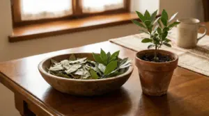 Vaso di alloro su un tavolo vicino alla finestra, con ciotola di foglie di alloro secche accanto