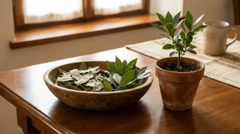 Vaso di alloro su un tavolo vicino alla finestra, con ciotola di foglie di alloro secche accanto