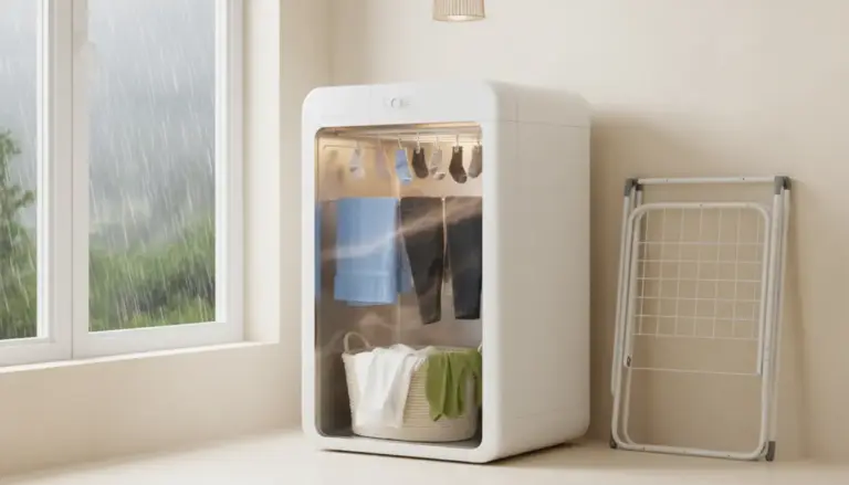 Asciugatrice per bucato in casa vicino a una finestra con pioggia, con vestiti appesi all'interno