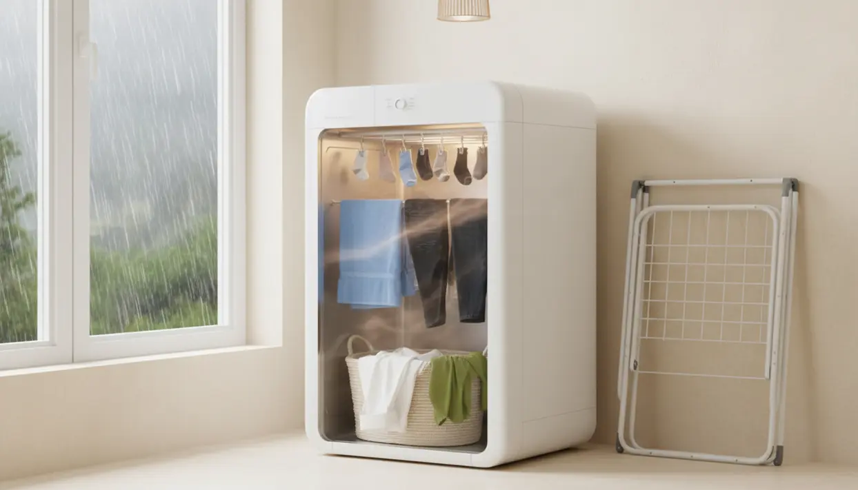 Asciugatrice per bucato in casa vicino a una finestra con pioggia, con vestiti appesi all'interno