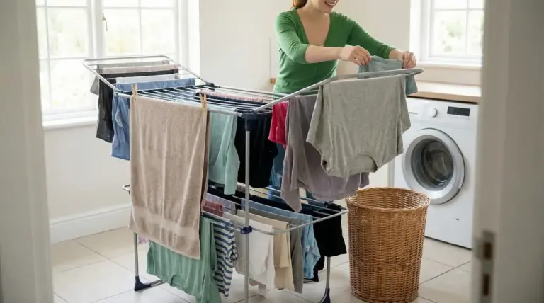 Persona stende i panni su uno stendibiancheria in casa vicino alla lavatrice, per asciugarli velocemente senza asciugatrice