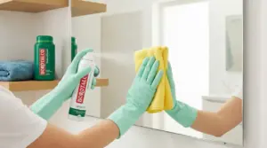 Mani con guanti puliscono uno specchio con panno giallo e spray al borotalco in bagno luminoso