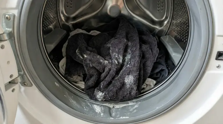 Cestello di lavatrice aperto con panni scuri e residui di detersivo, possibile causa di bucato duro