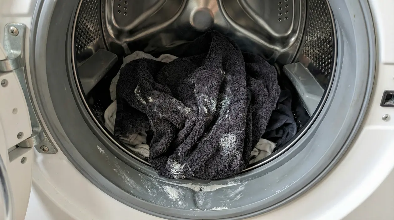 Cestello di lavatrice aperto con panni scuri e residui di detersivo, possibile causa di bucato duro