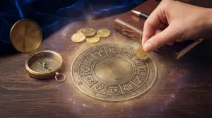 Mano che posa una moneta sul simbolo del Capricorno accanto a una ruota zodiacale e una bussola