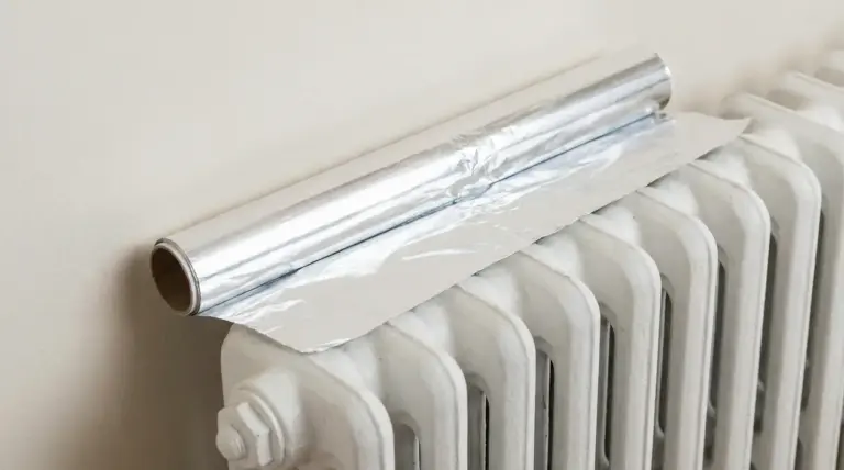 Rotolo di carta stagnola appoggiato su un termosifone bianco vicino alla parete per migliorare la diffusione del calore