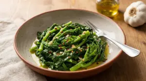 Piatto di cime di rapa saltate con olio, aglio e peperoncino su tavolo di legno