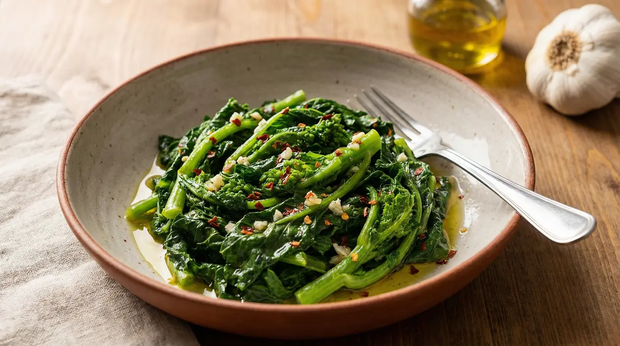 Piatto di cime di rapa saltate con olio, aglio e peperoncino su tavolo di legno