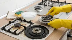 Pulizia di un bruciatore del piano cottura a gas sotto acqua corrente con spazzolino e guanti