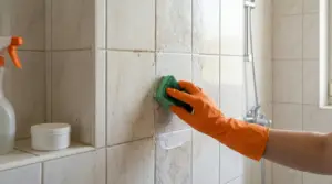 Mano con guanto arancione pulisce le piastrelle del bagno con una spugna e una crema fai da te