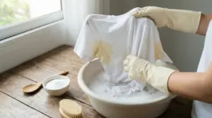 Persona con guanti lava a mano una maglietta bianca con aloni gialli di sudore in una bacinella con acqua e sapone