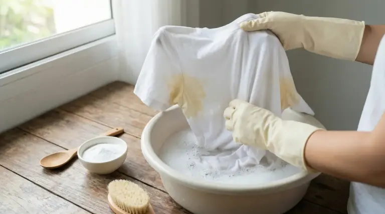 Persona con guanti lava a mano una maglietta bianca con aloni gialli di sudore in una bacinella con acqua e sapone