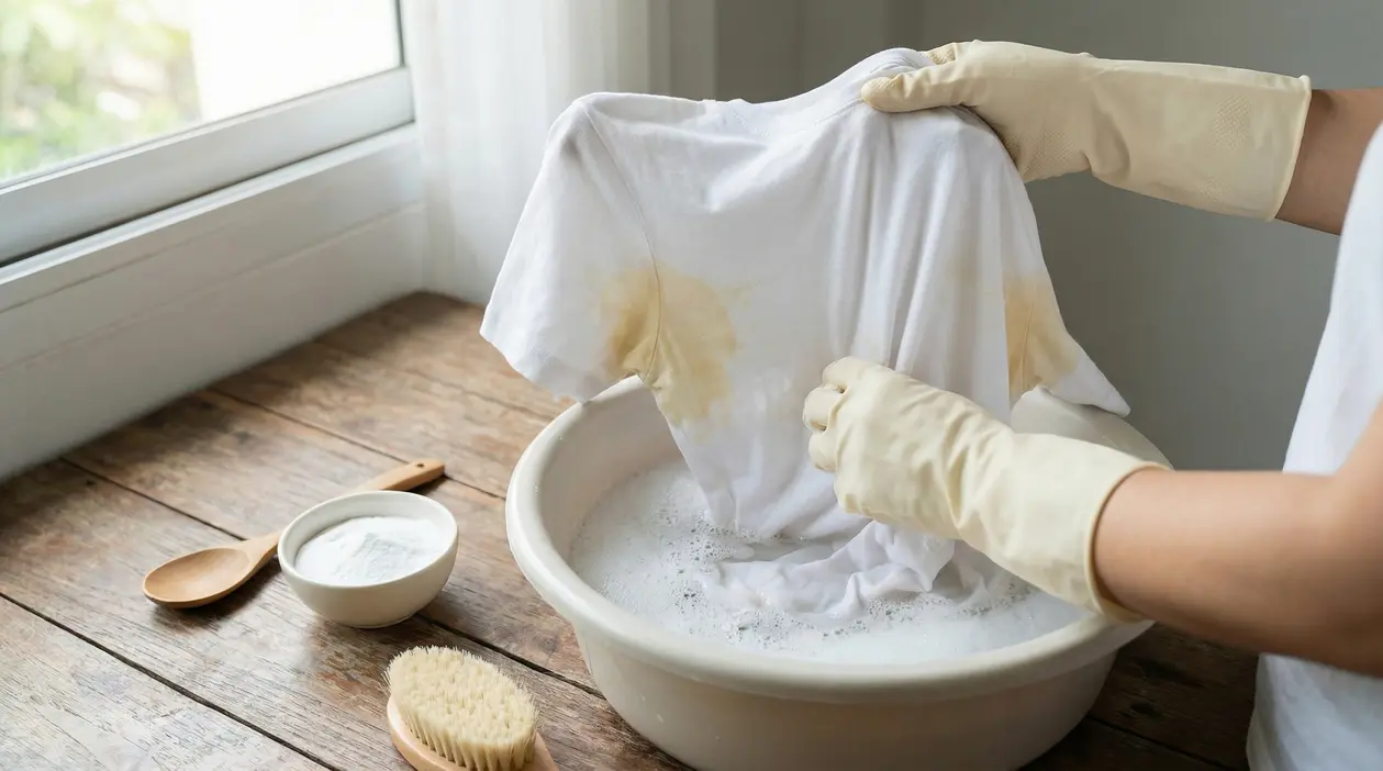 Persona con guanti lava a mano una maglietta bianca con aloni gialli di sudore in una bacinella con acqua e sapone