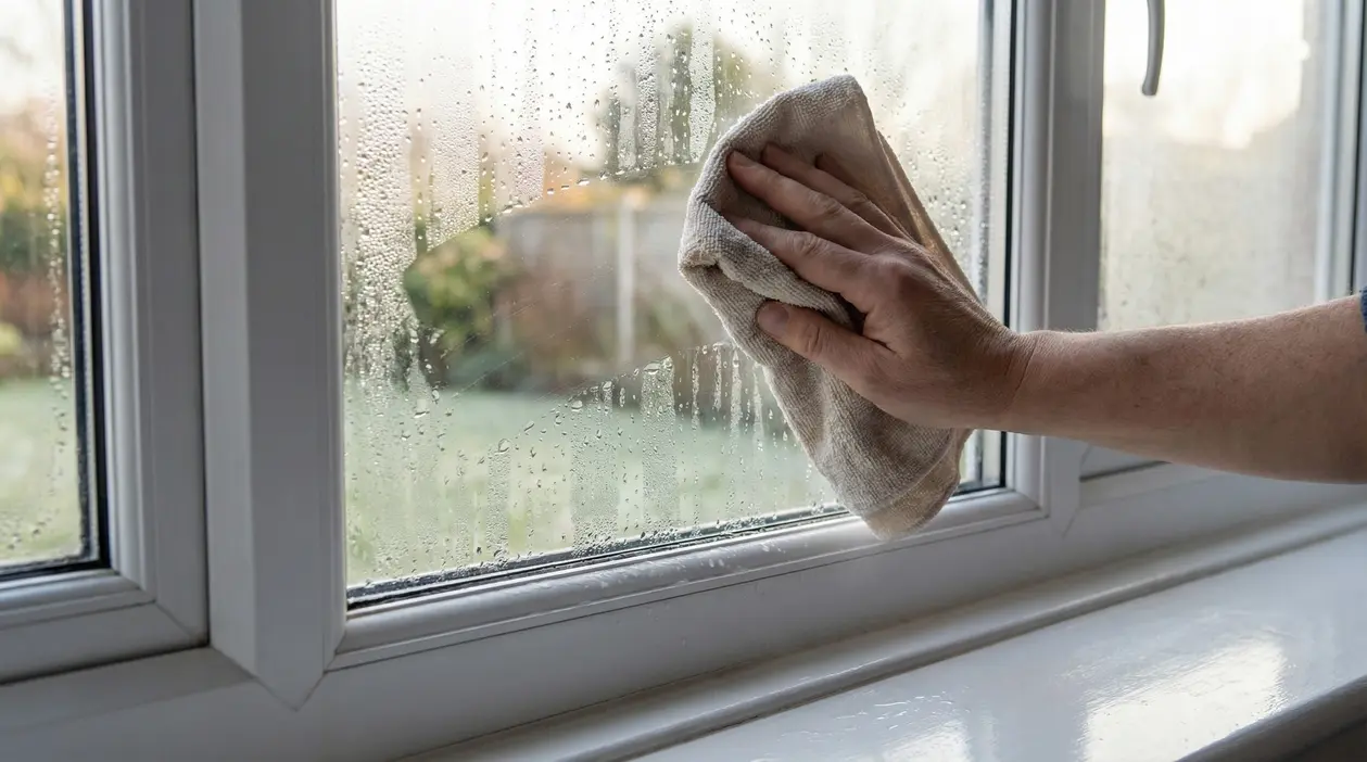 Mano che asciuga la condensa su una finestra con un panno, per prevenire muffa e cattivi odori in casa