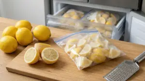 Limoni interi e tagliati su un tagliere, con spicchi congelati in sacchetti nel freezer