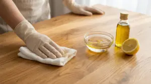 Persona con guanti pulisce un tavolo in legno con panno; vicino ciotola, bottiglia di olio e mezzo limone