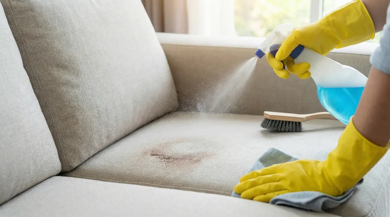 Persona con guanti gialli spruzza detergente su un divano in tessuto macchiato per pulirlo e igienizzarlo