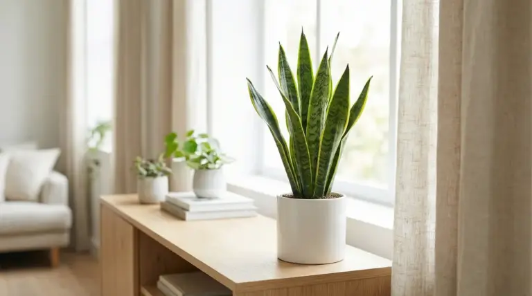 Sansevieria in vaso bianco su una consolle vicino a una finestra luminosa in soggiorno
