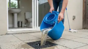 Persona versa l’acqua sporca del mocio da un secchio blu in uno scarico a pavimento, vicino al bagno