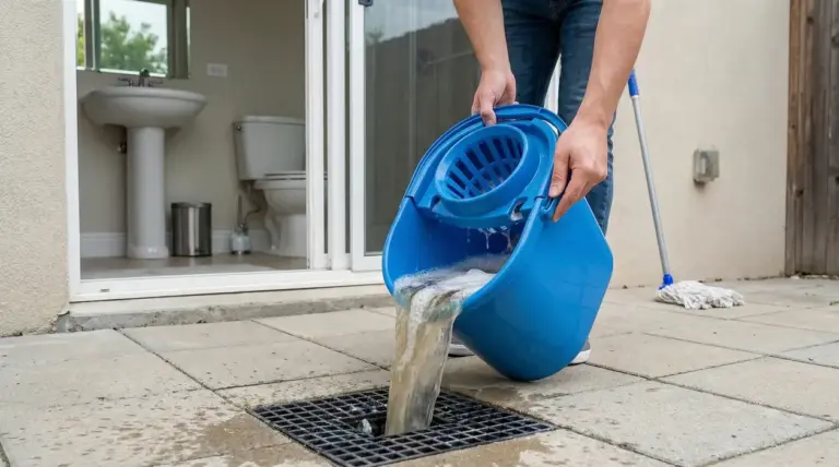 Persona versa l’acqua sporca del mocio da un secchio blu in uno scarico a pavimento, vicino al bagno
