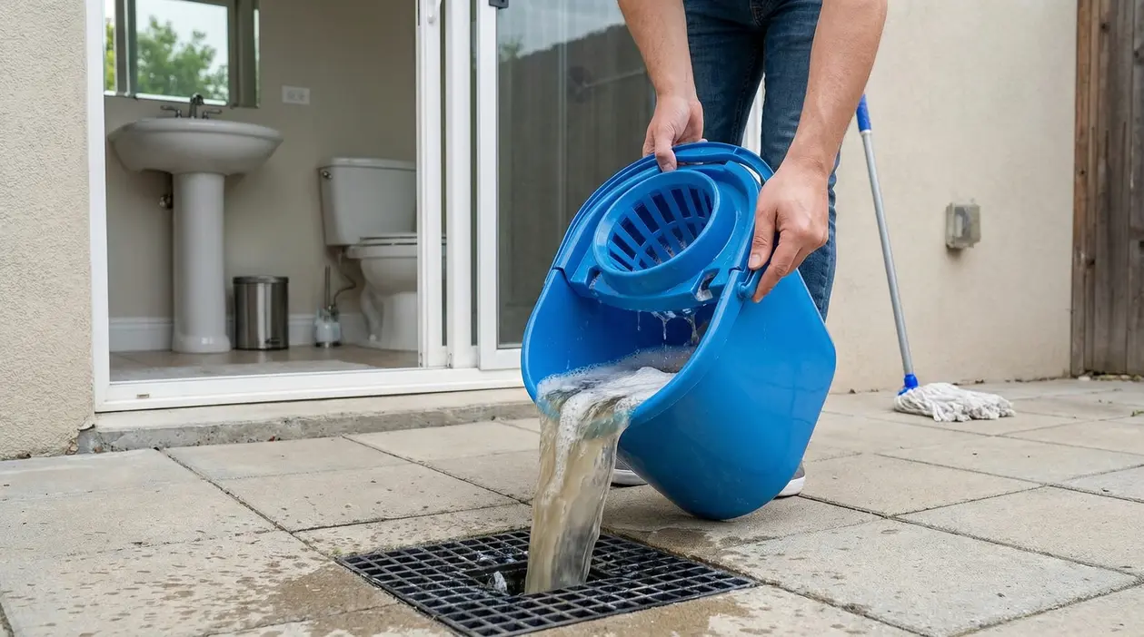 Persona versa l’acqua sporca del mocio da un secchio blu in uno scarico a pavimento, vicino al bagno
