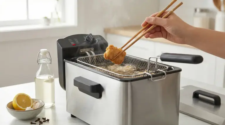 Friggitrice in cucina con un pezzo di cibo fritto sollevato con bacchette; accanto limone, aglio e bottiglia di aceto