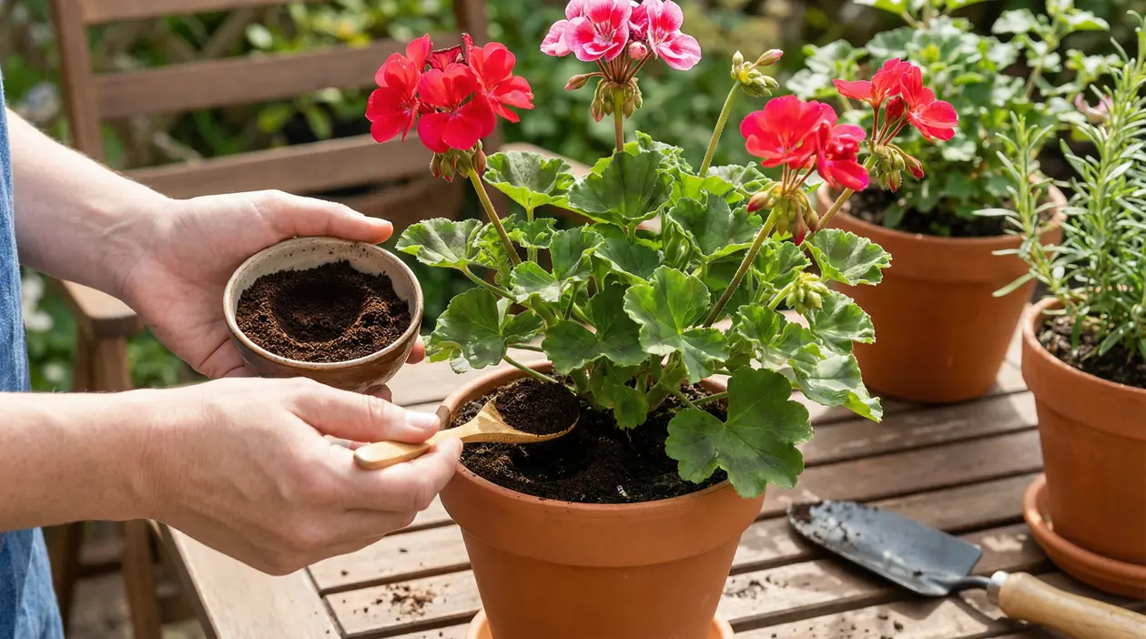 Persona aggiunge fondo di caffè a un geranio in vaso per favorire fioriture più abbondanti