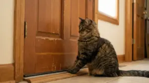 Gatto tigrato seduto davanti a una porta chiusa in casa, mentre la osserva con attenzione