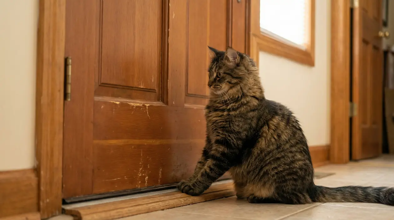 Gatto tigrato seduto davanti a una porta chiusa in casa, mentre la osserva con attenzione