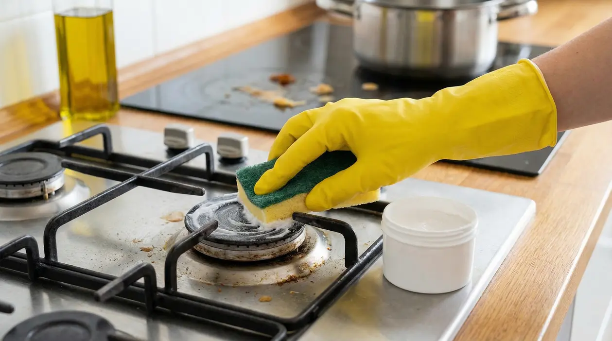 Mano con guanto giallo pulisce un fornello del piano cottura a gas con spugna e detergente in crema