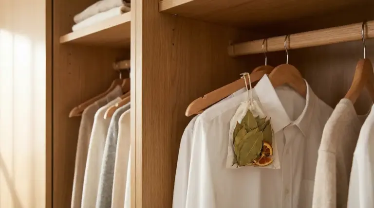 Sacchetto profumatore naturale con foglie di alloro e agrumi secchi appeso in un armadio con camicie