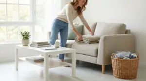 Una donna piega una coperta sul divano in un soggiorno luminoso e ordinato, con tavolino, libri e cestino della biancheria