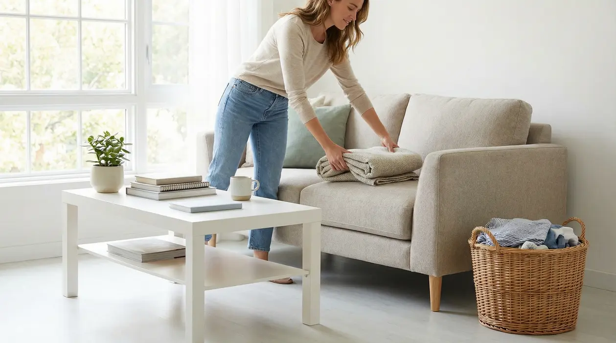 Una donna piega una coperta sul divano in un soggiorno luminoso e ordinato, con tavolino, libri e cestino della biancheria