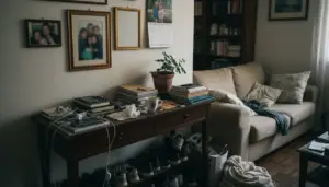 Soggiorno disordinato con libri, oggetti sparsi e cornici spaiate che fanno apparire la casa vecchia