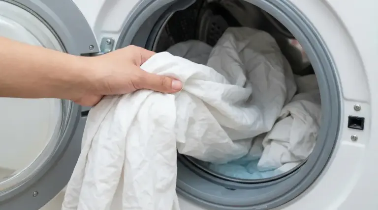 Mano che inserisce lenzuola bianche in una lavatrice a carica frontale per un lavaggio igienizzante