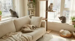 Cinque gatti tranquilli in un luminoso soggiorno di appartamento, tra divano, finestre e tiragraffi