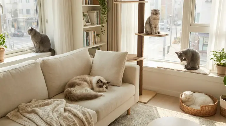 Cinque gatti tranquilli in un luminoso soggiorno di appartamento, tra divano, finestre e tiragraffi