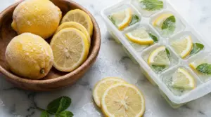 Limoni congelati e fette di limone in una vaschetta per ghiaccio con foglie di menta