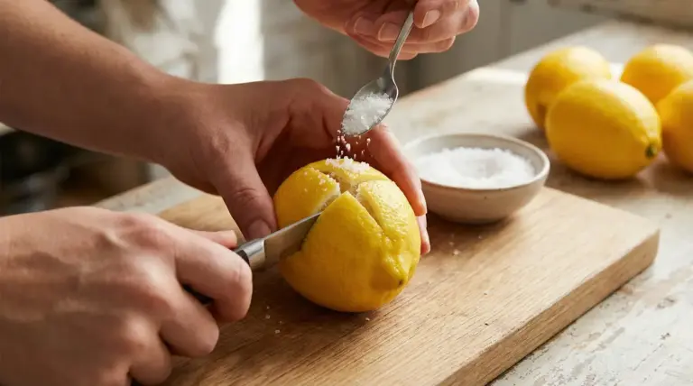 Mani che incidono una croce su un limone e lo riempiono di sale su un tagliere in cucina