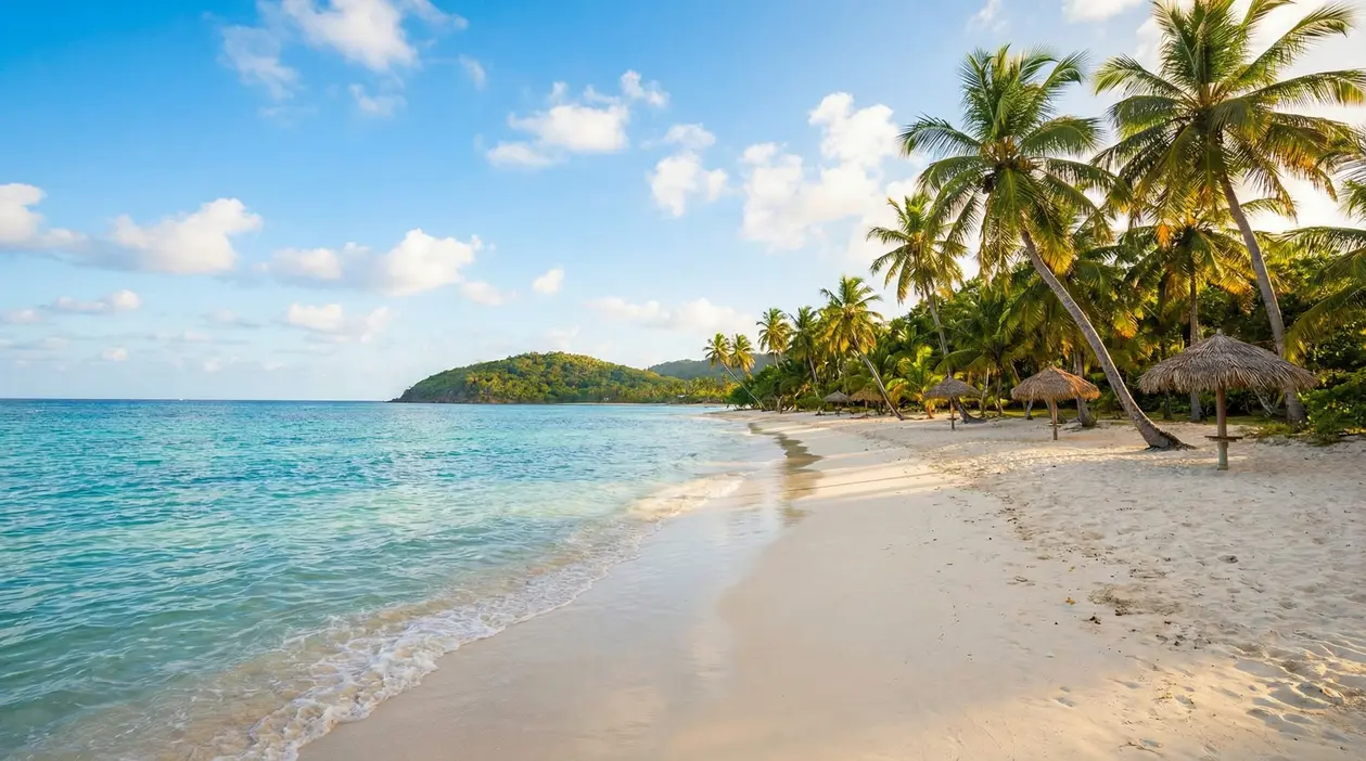 Spiaggia tropicale tranquilla con mare turchese, sabbia bianca e palme, ideale per una vacanza al caldo tutto l’anno