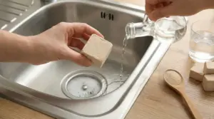 Mani con lievito di birra e aceto versato nello scarico del lavello per sturare un tubo ostruito