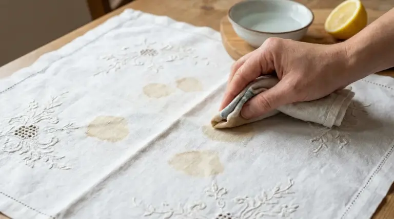 Mano che tampona macchie marroni su corredo antico ricamato con panno, vicino a una ciotola e mezzo limone