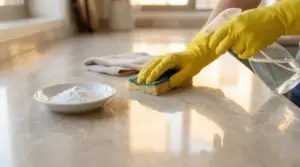 Mani con guanti puliscono un piano in marmo con spugna e spruzzino, accanto a una ciotola di polvere bianca