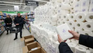 Scaffale del supermercato con pile di rotoli di carta igienica e una persona che tiene una confezione in mano