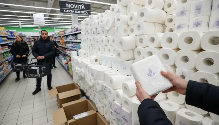 Scaffale del supermercato con pile di rotoli di carta igienica e una persona che tiene una confezione in mano